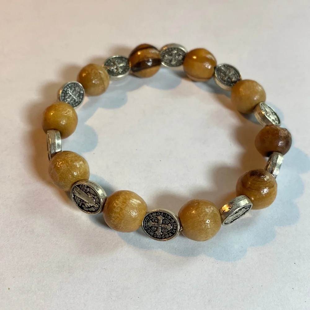 St Benedict Olive Wood Rosary Stretch Bracelet